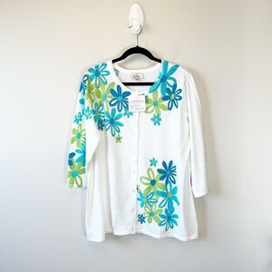 Quacker Factory White Rhinestone Embellished Cardigan Floral Print 70s XL NWTs